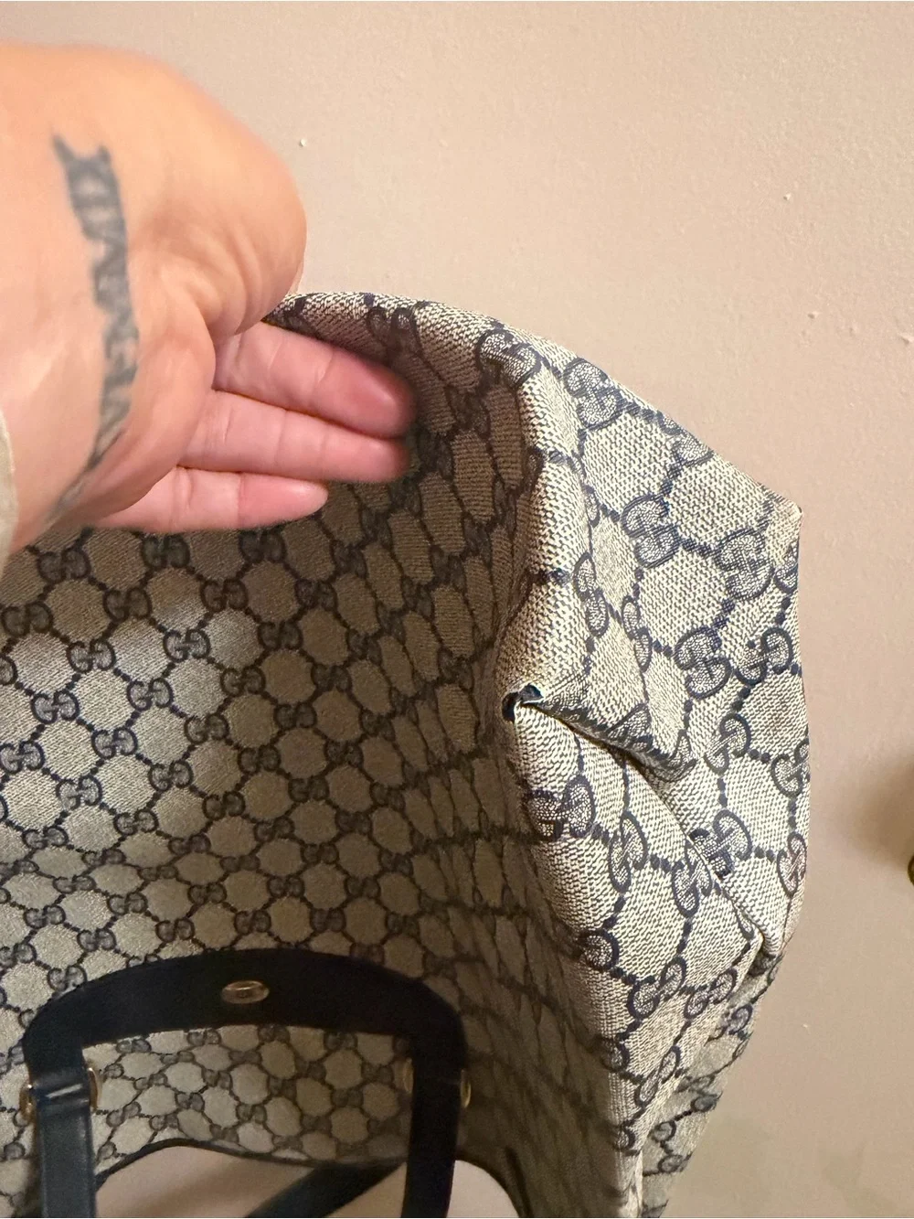 Gucci Vintage Navy Blue and Beige GG Canvas Tote